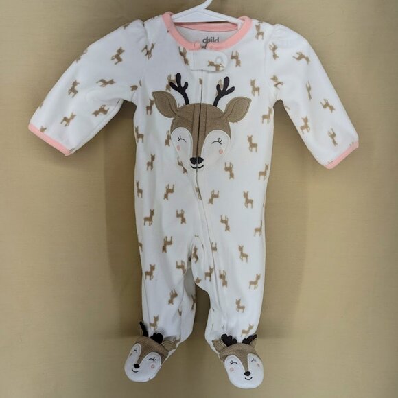 Infant Girl's 0-3 Month Carter's Soft Fleece Deer Print One Piece Footed Sleeper - Picture 1 of 4